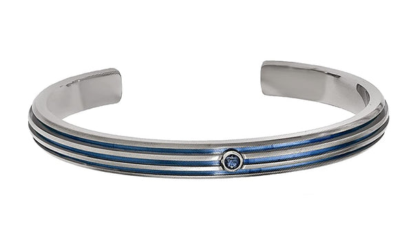 Radiance Collection Gray Titanium Groove Triple Blue Anodized Blue Sapphire Cuff Bangle Bracelet