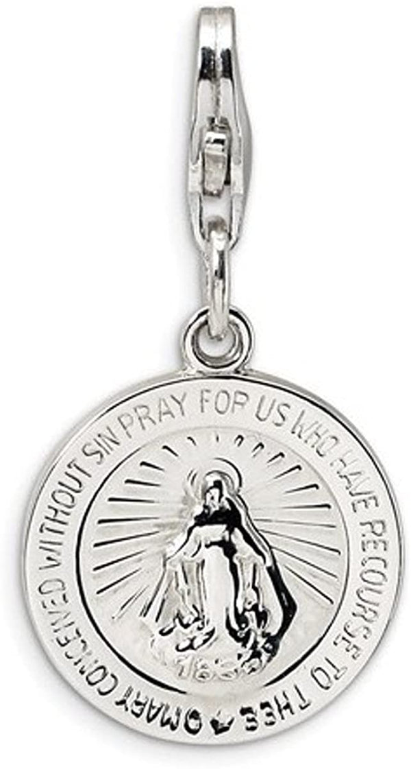 Rhodium-Plated Sterling Silver Miraculous Medal Charm (28X15MM)