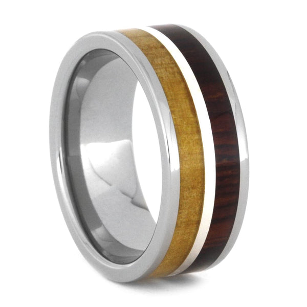 Cocobolo Wood, Birch Wood, Sterling Silver 8mm Comfort-Fit Titanium Wedding Band