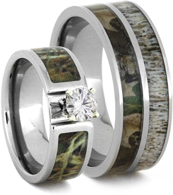 Forever One Moissanite, Camo Engagement Ring and Deer Antler, Camo Print Titanium Band, His and Her Wedding Band Set, M15.5-F5