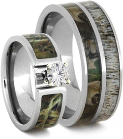 Forever One Moissanite, Camo Engagement Ring and Deer Antler, Camo Print Titanium Band, His and Her Wedding Band Set, M10.5-F9