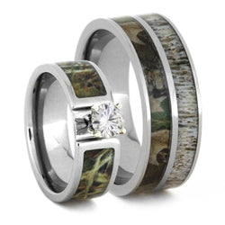 Charles & Colvard Moissanite, Camo Engagement Ring and Deer Antler, Camo Print Titanium Band, His and Her Wedding Band Set