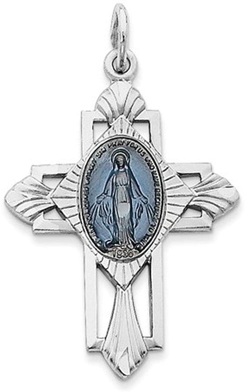 Rhodium-Plated Sterling Silver Miraculous Medal Cross Pendant (36X23MM)