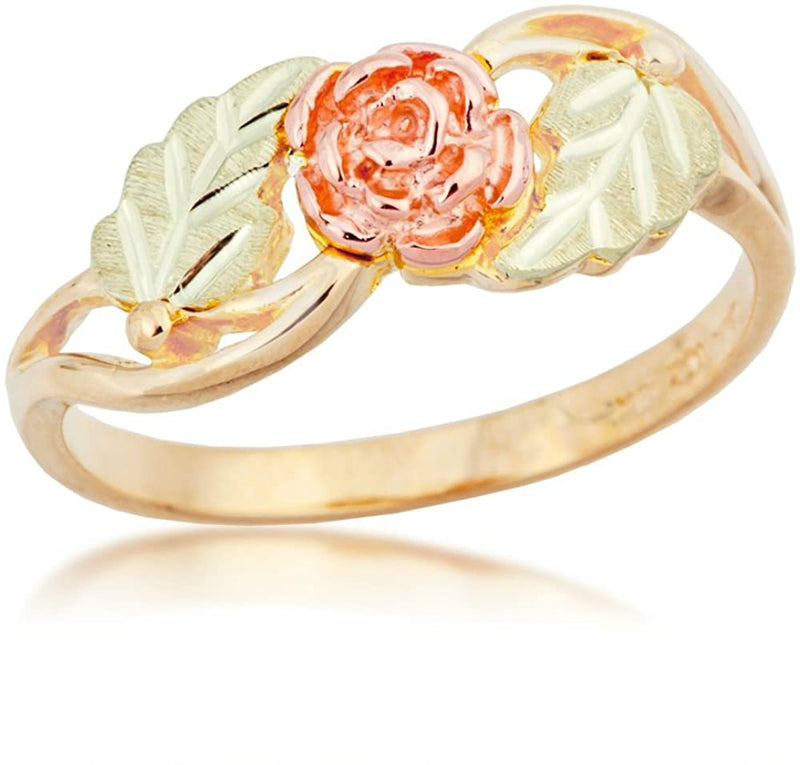 Ave 369 3D Rose Flower Ring, 10k Yellow Gold, 12k Green and Rose Gold Black Hills Gold Motif