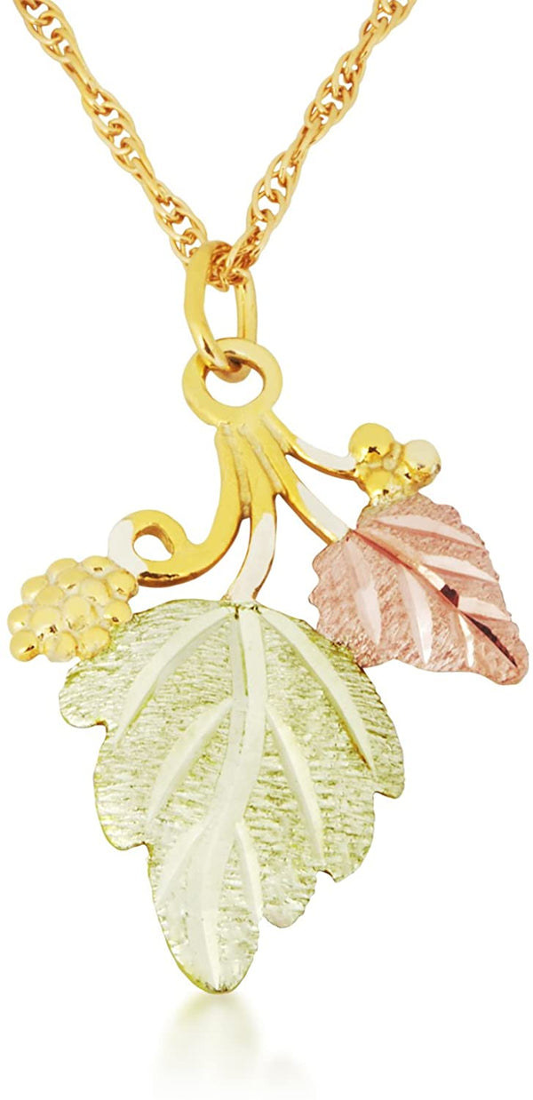 Grapes and Leaves Pendant Necklace, 10k Yellow Gold, 12k Green and Rose Gold Black Hills Gold Motif, 18"