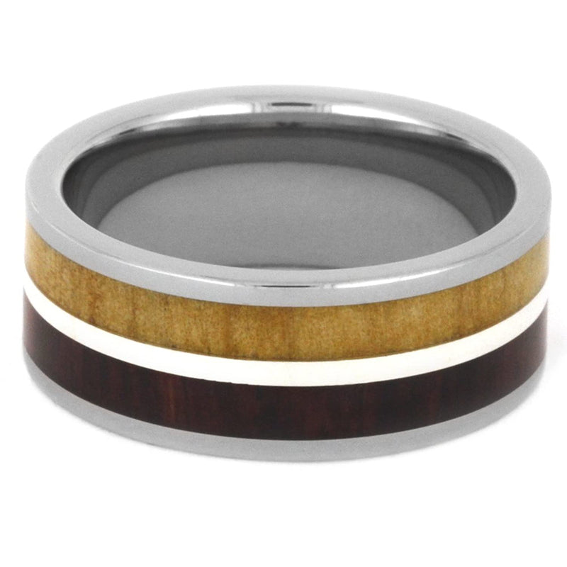 Cocobolo Wood, Birch Wood, Sterling Silver 8mm Comfort-Fit Titanium Wedding Band