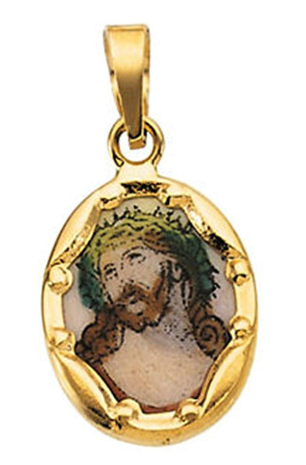 14k Yellow Gold Face of Jesus Hand-Painted Porcelain Medal (13x10 MM)