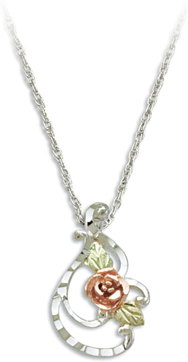 Rose with Diamond-Cut Swirl Pendant Necklace, Sterling Silver, 12k Green and Rose Gold Black Hills Gold Motif, 18"