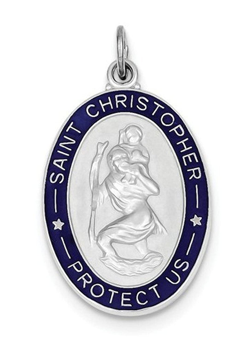 Rhodium-Plated Sterling Silver Enameled St. Christopher Medal Charm Pendant (35X20 MM)