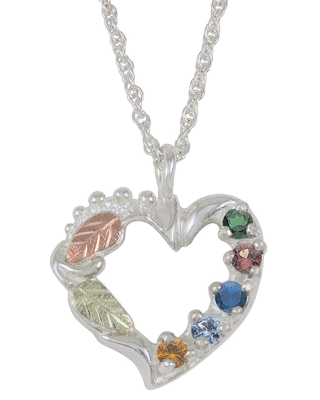 Citrine, Aquamarine, Sapphire, Garnet, Emerald Heart Pendant Necklace, Sterling Silver, 12k Green and Rose Gold Black Hills Gold Motif, 18"