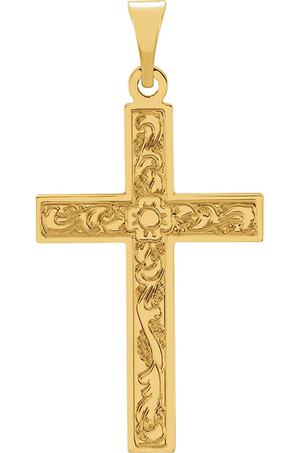 Embossed Flowers Cross 14k Yellow Gold Pendant