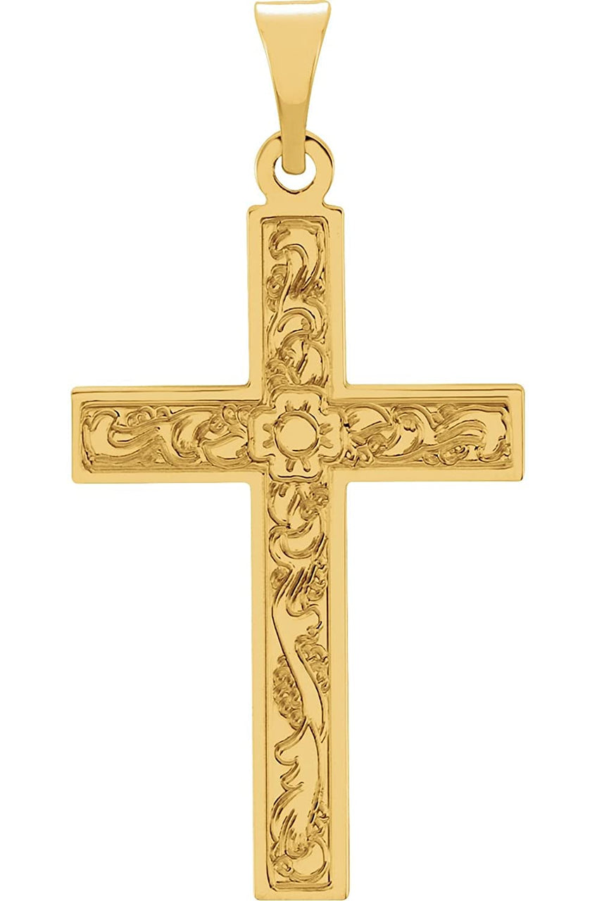 Embossed Flowers Cross 14k Yellow Gold Pendant