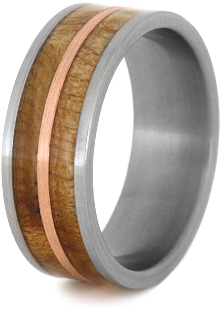 Birds Eye Maple with Copper Inlay 8mm Comfort-Fit Brushed Titanium Wedding Band, Size 8.25