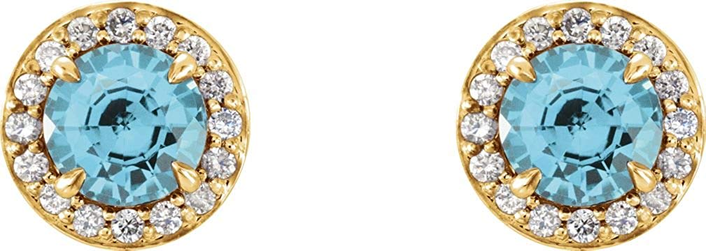 Blue Zircon and Diamond Halo-Style Earrings, 14k Yellow Gold (4.5MM) (.16 Ctw, G-H Color, I1 Clarity)