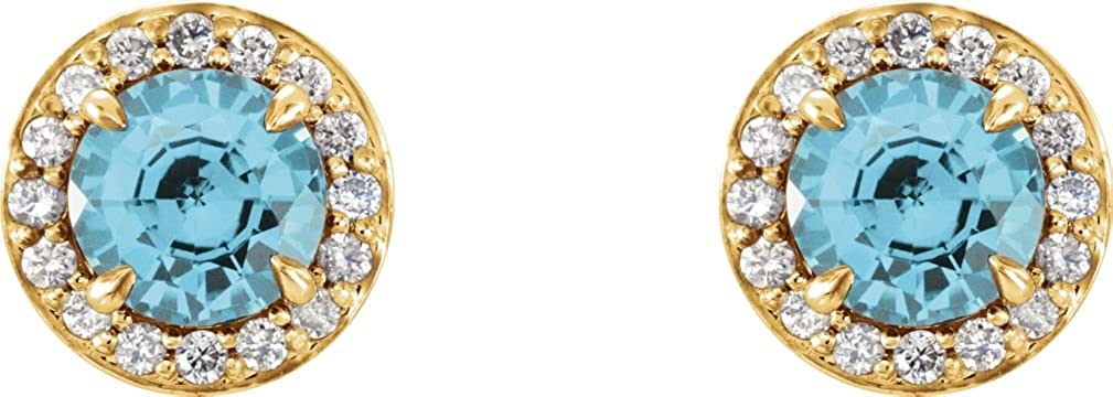 Blue Zircon and Diamond Halo-Style Earrings, 14k Yellow Gold (3.5 MM) (.16 Ctw, G-H Color, I1 Clarity)