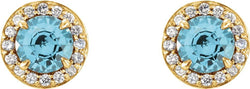 Blue Zircon and Diamond Halo-Style Earrings, 14k Yellow Gold (3.5 MM) (.16 Ctw, G-H Color, I1 Clarity)