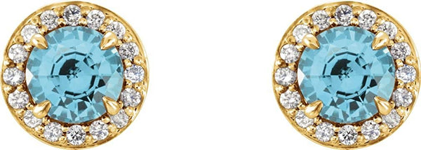 Blue Zircon and Diamond Halo-Style Earrings, 14k Yellow Gold (3.5 MM) (.16 Ctw, G-H Color, I1 Clarity)