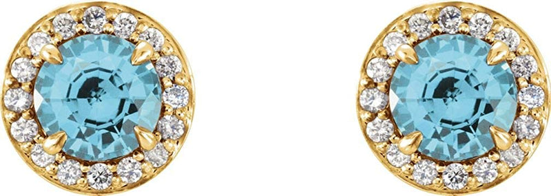 Blue Zircon and Diamond Halo-Style Earrings, 14k Yellow Gold (4.5MM) (.16 Ctw, G-H Color, I1 Clarity)