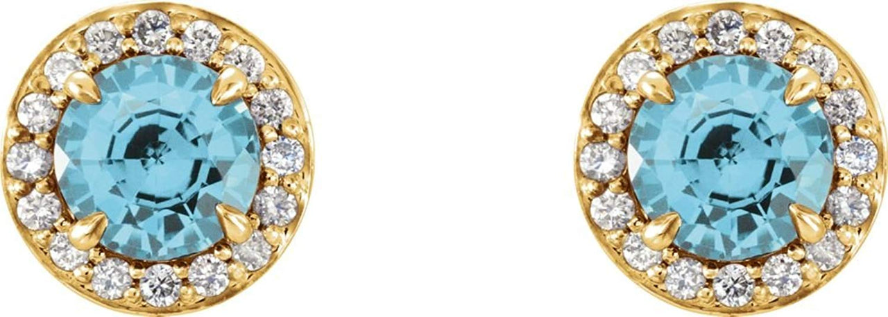 Blue Zircon and Diamond Halo-Style Earrings, 14k Yellow Gold (5MM) (.16 Ctw, G-H Color, I1 Clarity)