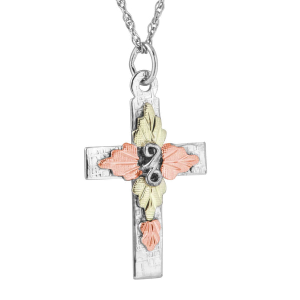 Cross Pendant Necklace, Sterling Silver, 12k Green and Rose Gold Black Hills Gold Motif, 18"