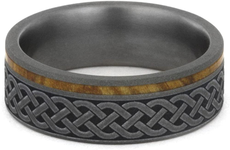 Celtic Knot, Olive Wood 7mm Comfort-Fit Sandblasted Titanium Band, Size 6.5