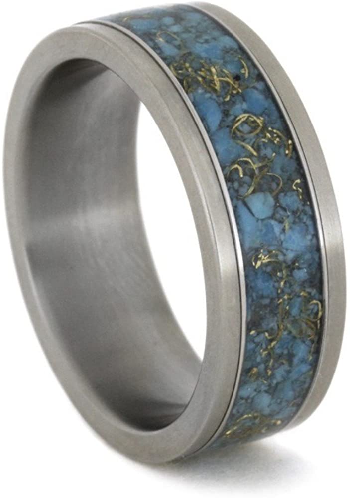 Turquoise, 14k Yellow Gold 8mm Comfort-Fit Interchangeable Matte Titanium Ring, Size 13.25