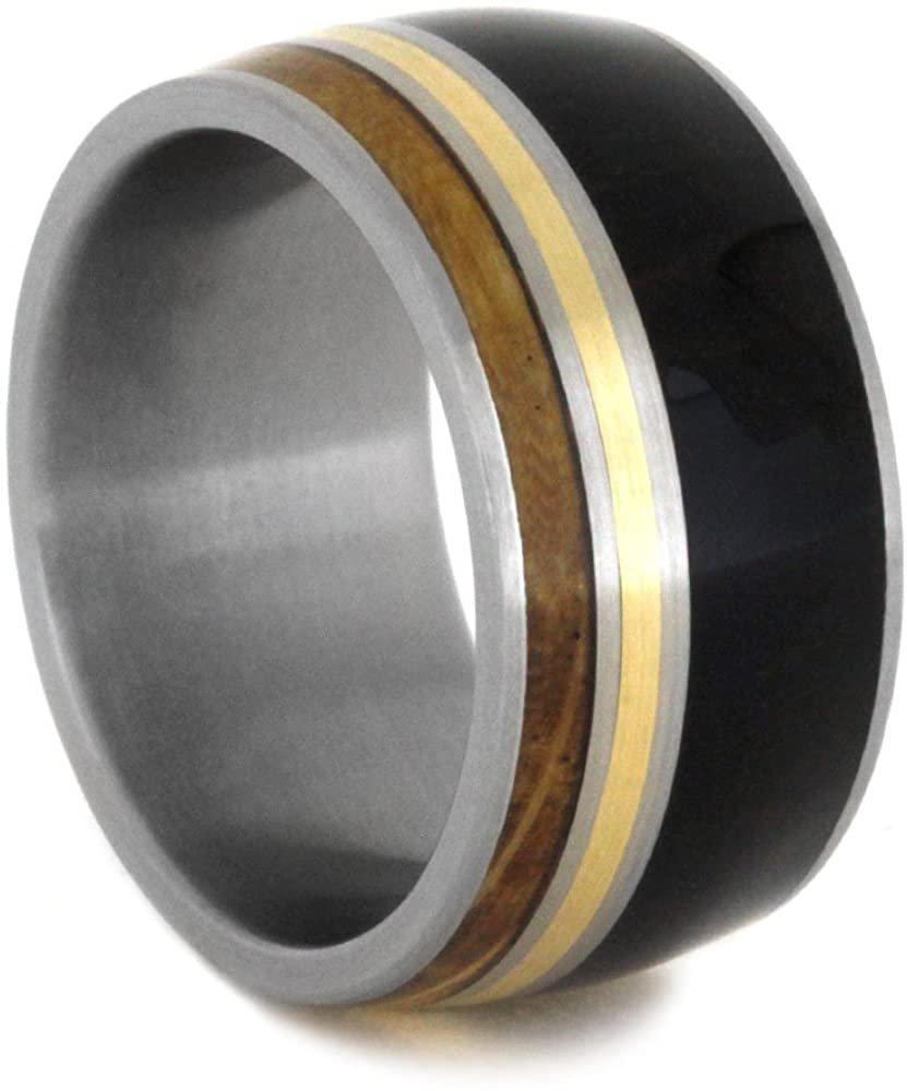 African Blackwood, Whiskey Barrel Wood, 14k Yellow Gold 10mm Comfort-Fit Brushed Titanium Ring, Size 8.25