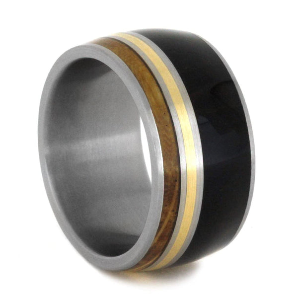 African Blackwood, Whiskey Barrel Wood, 14k Yellow Gold 10mm Comfort-Fit Brushed Titanium Ring