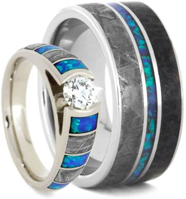 His and Hers Dinosaur Bone, Gibeon Meteorite Created Opal Titanium Band and 10k White Gold Cathedral Diamond, Created Opal RingSizes M8-F7