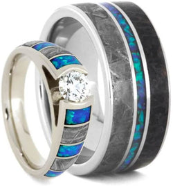 His and Hers Dinosaur Bone, Gibeon Meteorite Created Opal Titanium Band and 10k White Gold Cathedral Diamond, Created Opal RingSizes M8-F7.5