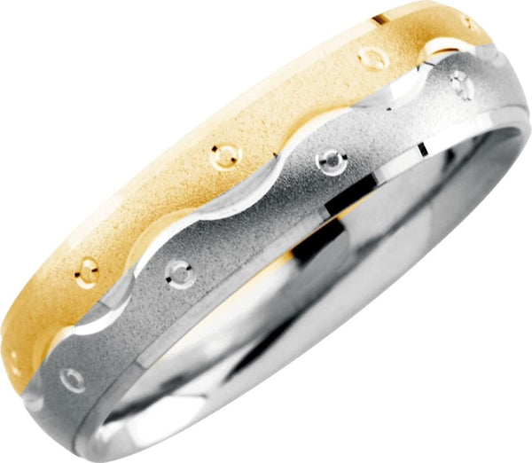 2-Tone Sand-Finished Engraved Comfort Fit 6mm 14k White and Yellow Gold Domed Band