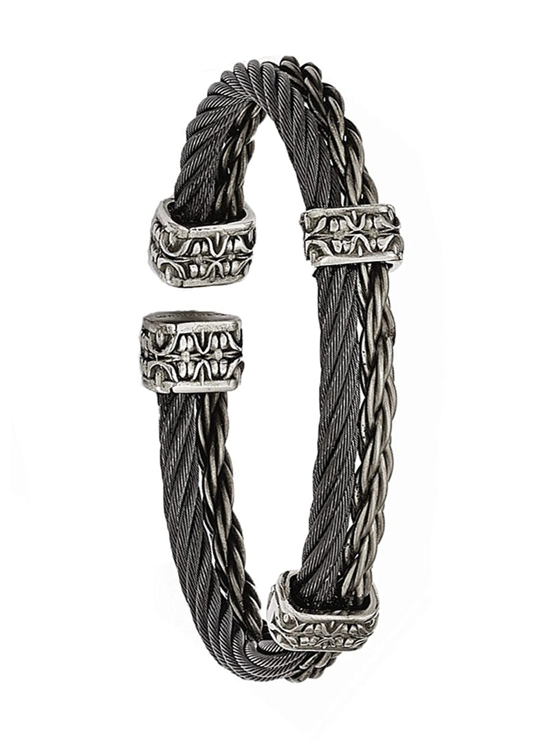 Men's Thorn Collection Gray Titanium Black Memory Cable and Black Titanium Cuff Bangle Bracelet, 7"