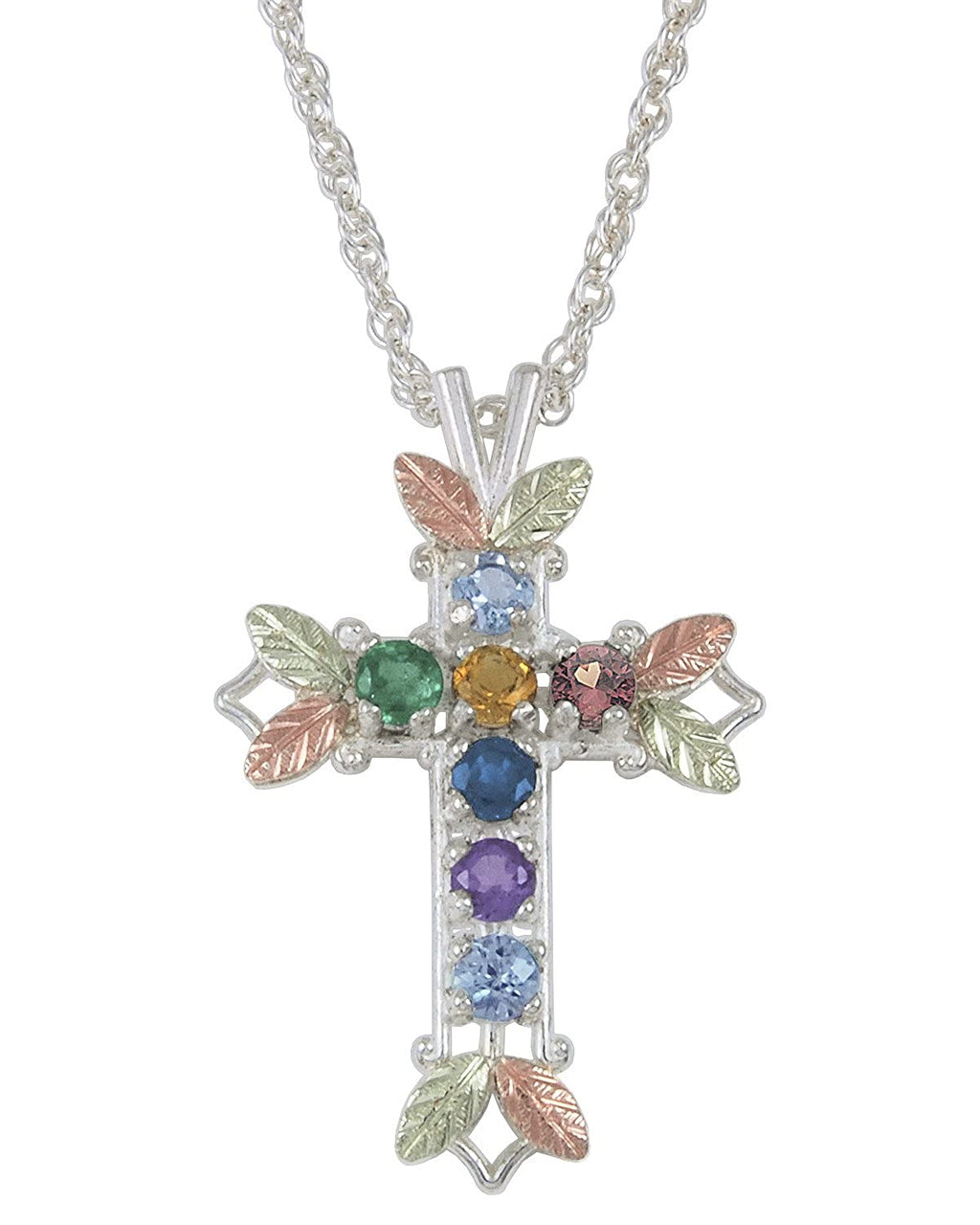 Aquamarine, Citrine, Garnet, Amethyst, Sapphire, Emerald and Blue Sky Topaz Pointed Cross Pendant Necklace, Sterling Silver, 12k Green and Rose Gold Black Hills Gold Motif, 18"