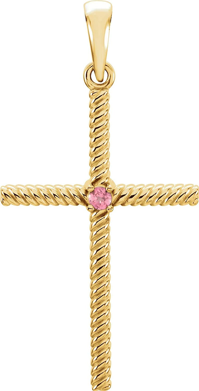 Pink Tourmaline Rope-Trim Cross 14k Yellow Gold Pendant (31.95x16.3MM)