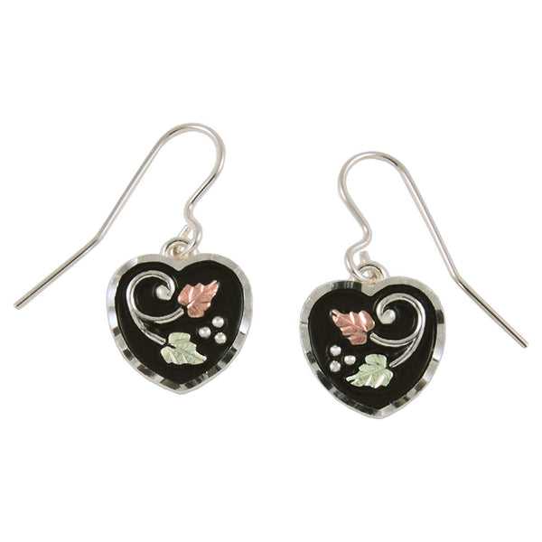 Diamond-Cut Black Heart Earrings, Sterling Silver, 12k Green Gold, 12k Rose Gold Black Hills Gold