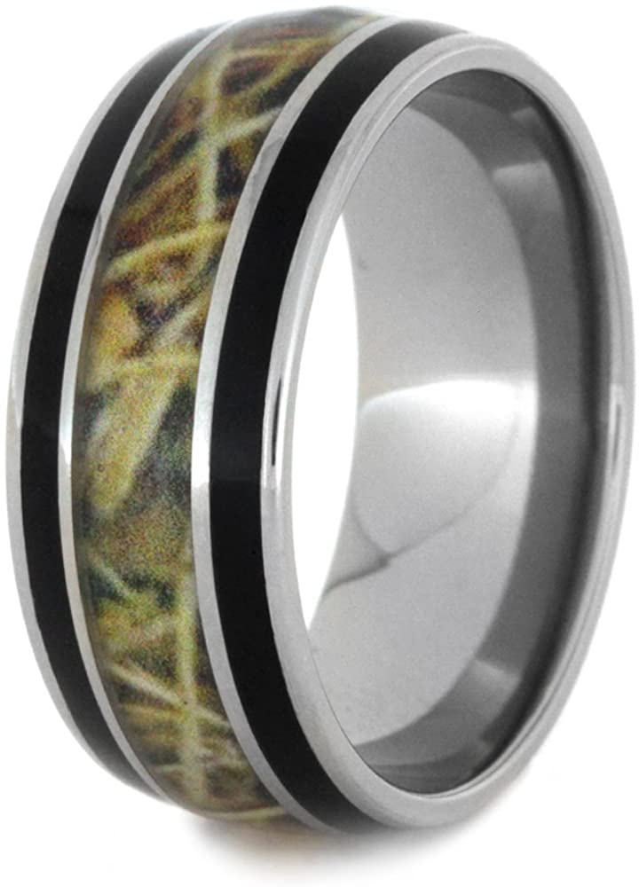 Camo, Black Enamel Stripes 9mm Comfort-Fit Titanium Wedding Band, Size 15.5