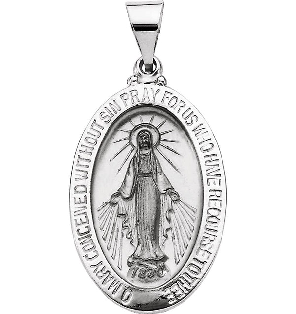 14k White Gold Hollow Oval Miraculous Medal (23x16 MM)