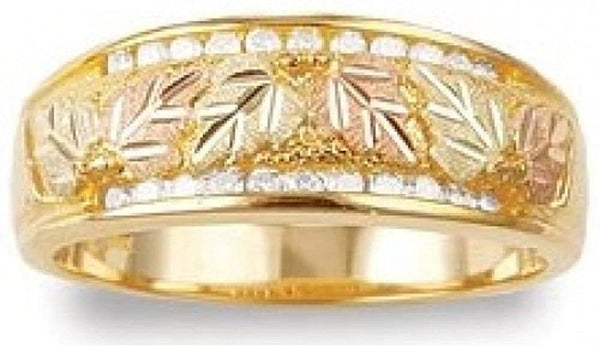Diamond Bands, 10k Yellow Gold, 12k Green and Rose Gold Black Hills Gold Motif Couples Wedding Ring Set, M11.5-F9