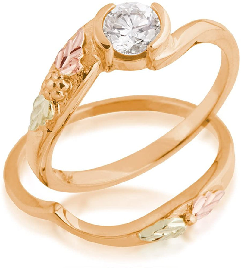 Diamond Bypass Engagement Ring, 10K Yellow Gold, 12k Green and Rose Gold Black Hills Gold Motif, Size 8.5
