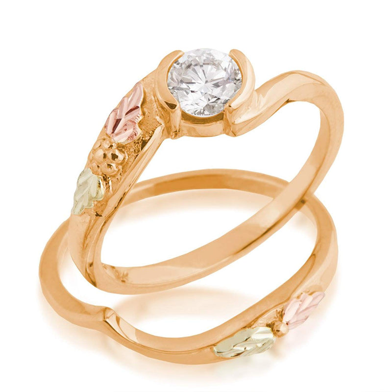 Diamond Bypass Engagement Ring, 10K Yellow Gold, 12k Green and Rose Gold Black Hills Gold Motif, Size 7.75
