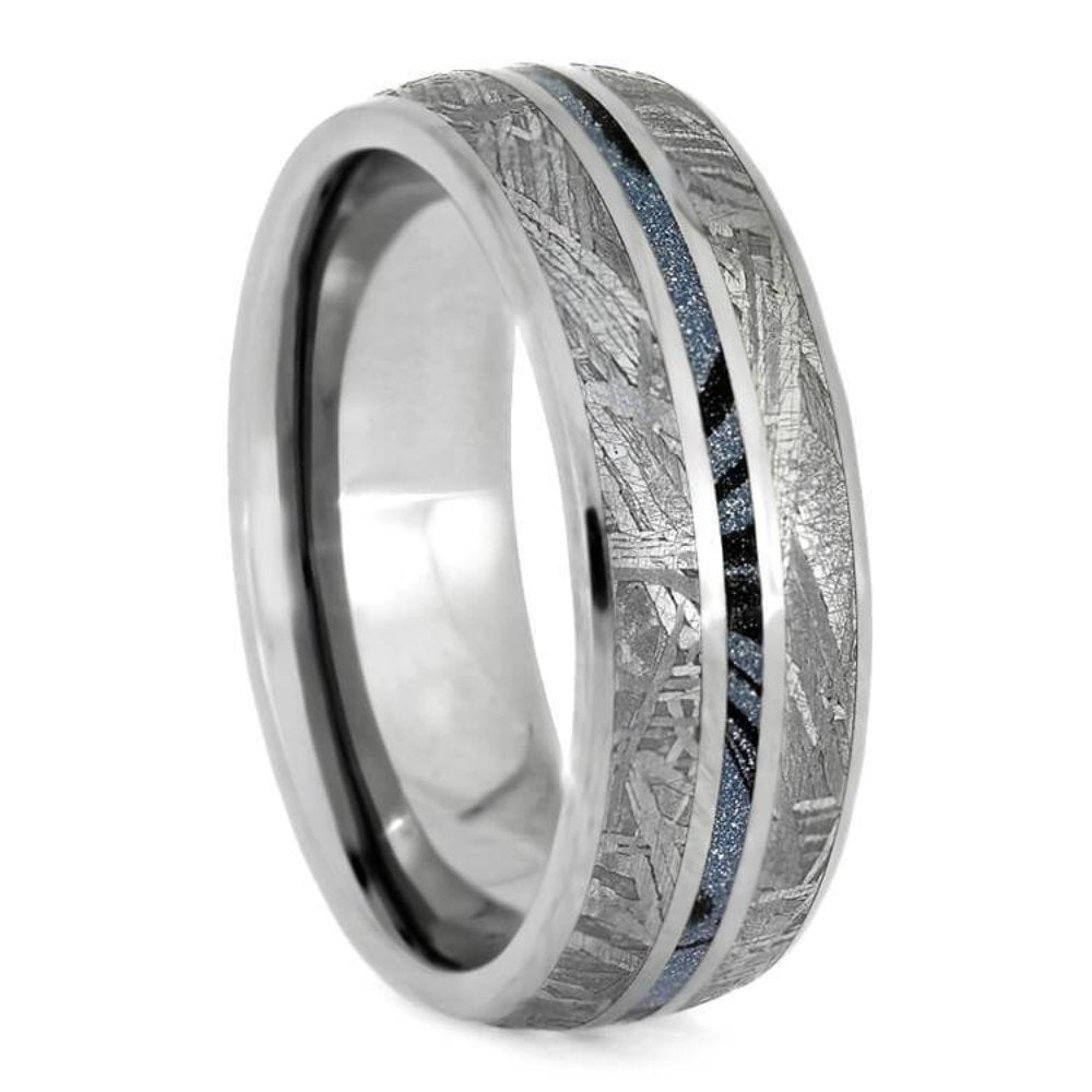 The Men's Jewelry Store (Unisex Jewelry) Gibeon Meteorite, Blue Mokume Gane 7mm Titanium Comfort-Fit Wedding Band, Size 13.75