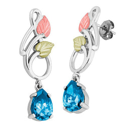 Pear Swiss Blue CZ Dangle Earrings, Sterling Silver, 12k Green and Rose Gold Black Hills Gold Motif