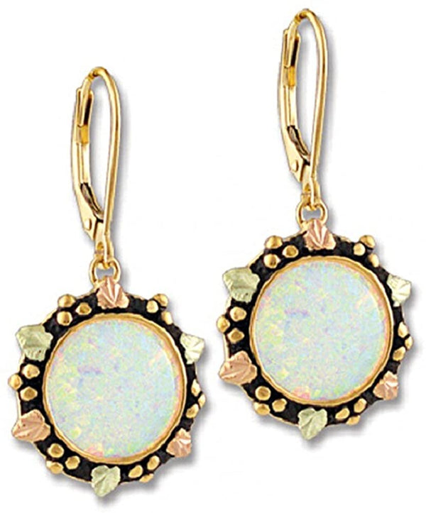 Created Opal Antiqued Earrings, 10k Yellow Gold, 12k Green and Rose Gold Black Hills Gold Motif