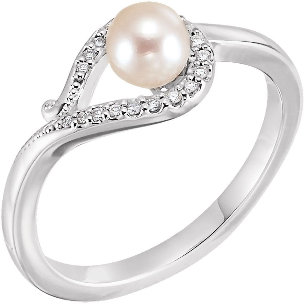 White Freshwater Cultured Pearl, Diamond Bypass Ring, Sterling Silver (5.0-5.5 mm)(.07Ctw, G-H color, I1 Clarity)