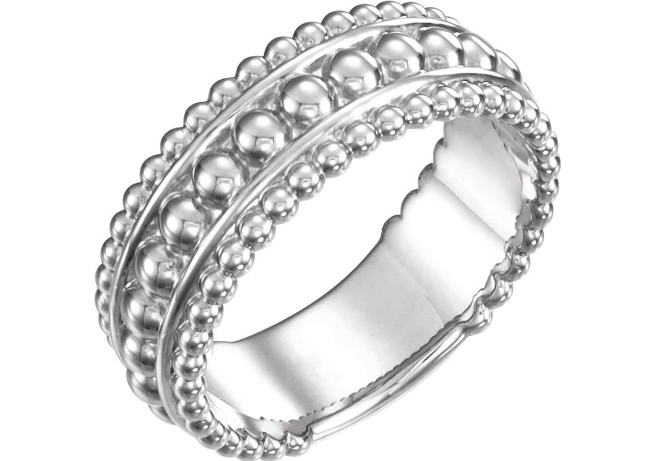 Mirror-Polished Beaded Ring, Rhodium-Plated 14k White Gold, Size 8.75