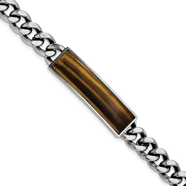 Men's Polished Stainless Steel 15mm Tigers Eye ID Bracelet, 8.25"