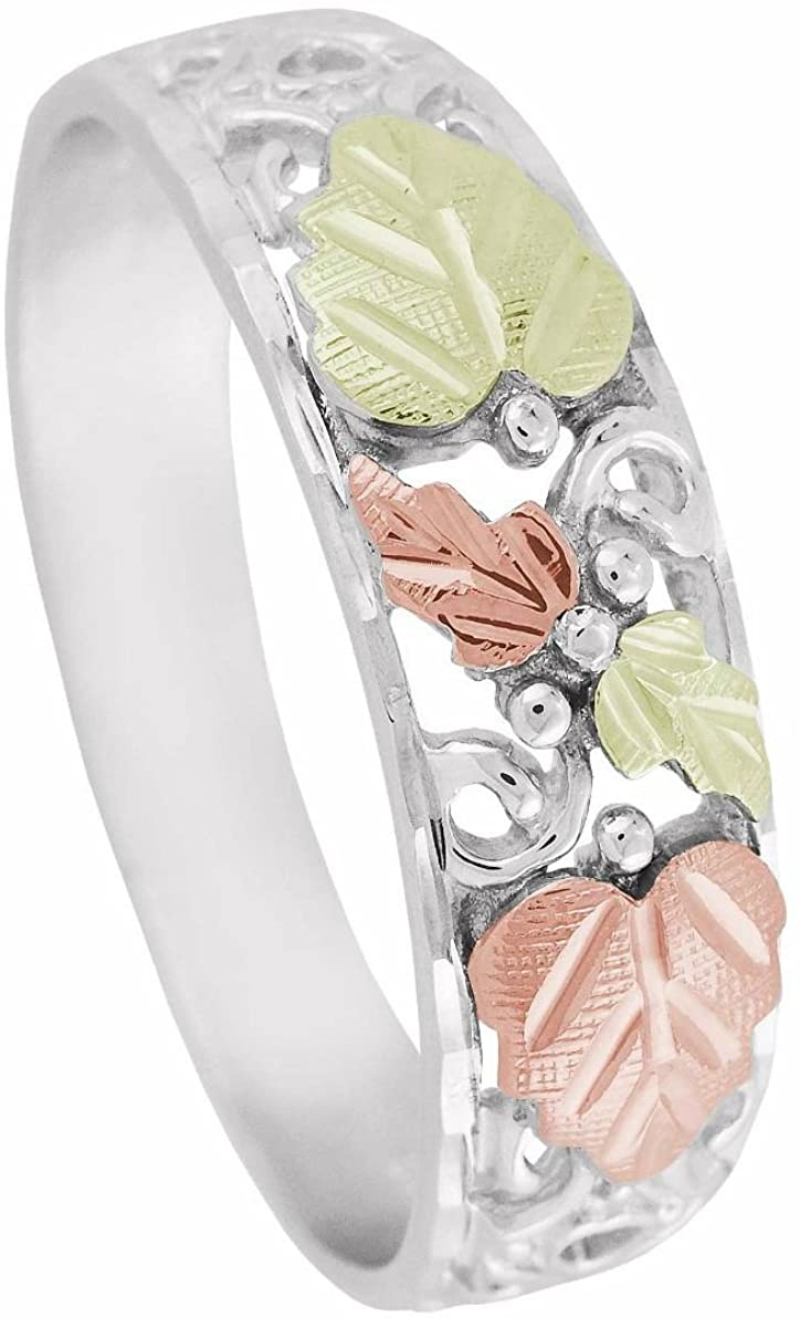 Men's Diamond-Cut, Frosty Leaf Wedding Band, Sterling Silver, 12k Green and Rose Gold Black Hills Gold Motif, Size 10.5