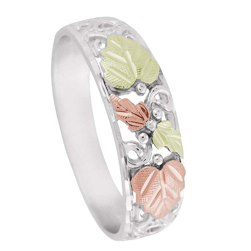 Diamond-Cut, Frosty Leaf Wedding Ring, Sterling Silver, 12k Green and Rose Gold Black Hills Gold Motif