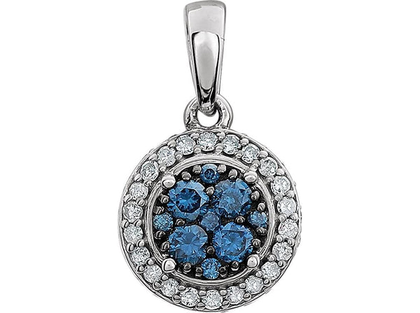 Blue and White Diamond Halo Pendant in 14k White Gold, (3/8 Cttw)
