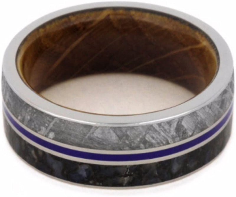 Dinosaur Bone, Gibeon Meteorite, Blue Stripe, Whiskey Barrel Wood 9mm Comfort-Fit Titanium Wedding Band, Size 4.5